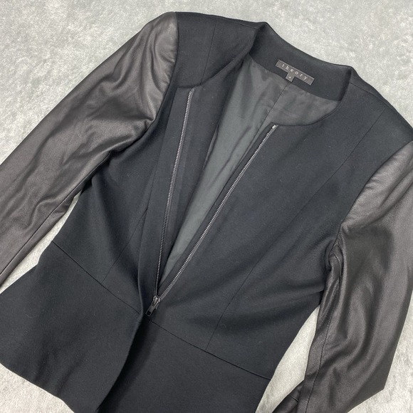 Theory Jacket Womens Size 4 Black Wool Blend Goat Leather Rory Blazer Collarless - Picture 6 of 16